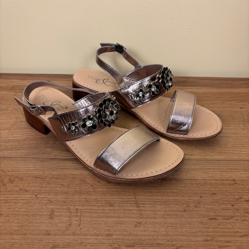 Bos & Co Embellished Slingback Sandal Heel Size 7 Silver Metallic Floral Crystal